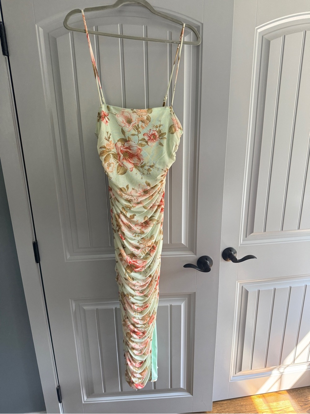 Lulu’s "Stun and Only" Sage Floral Ruched Mesh Midi Dress